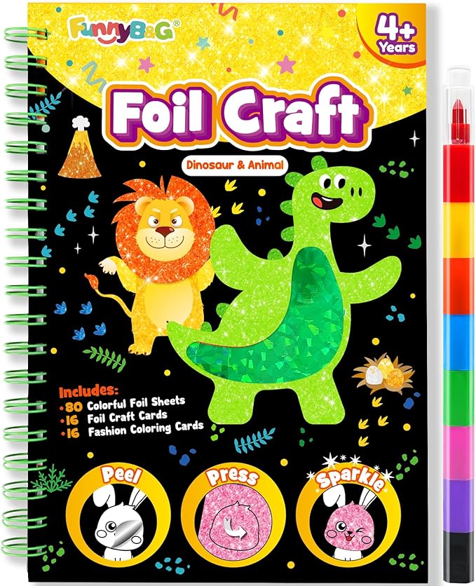 FUNNYB&G Foil Art Craft for Kids - Christmas Crafts Gift Party Favors Stocking Stuffers for Kids Fun Art Supplies Creative Birthday Gift Travel Toys for Girls Boys 4 5 6 7 8 9 Years Old (Dinosaur)