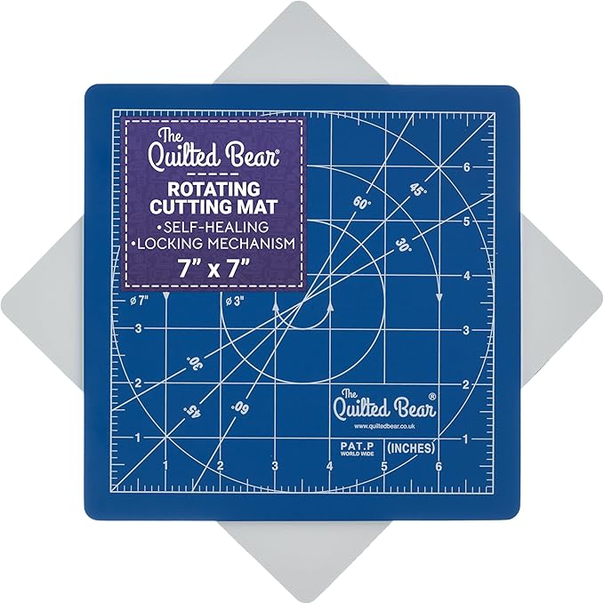 The Quilted Bear Rotating Cutting Mat 7" x 7" - Locking & Rotating Self Healing Cutting Board for Sewing, Fabric & Effortless Quilting - 360 Degree Sewing Supplies Mat for Craft Table (Blue)