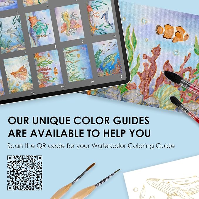 Grabie Watercolor Coloring Book, 15 Sheets A5 (8.3 x 5.8),Watercolor Book for Adults: Ignite Your Artistic Expression on 100% Cotton Paper (Ocean)