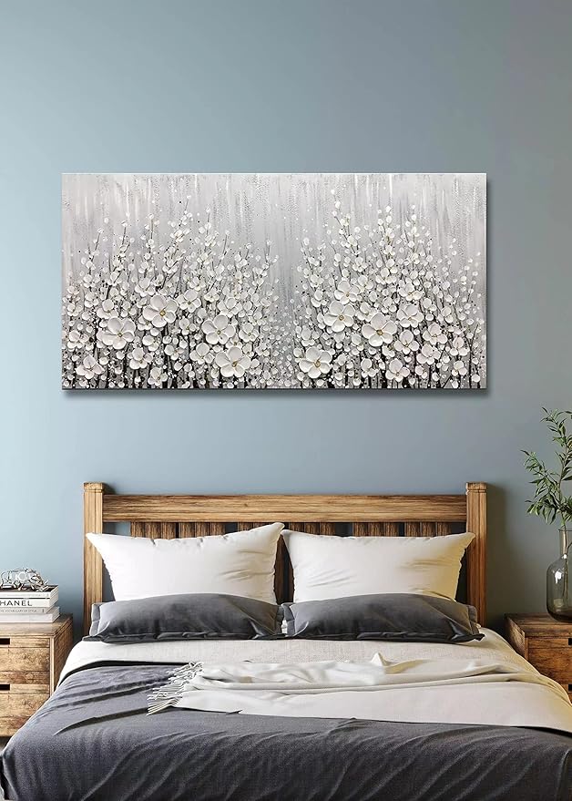 V-inspire Art, 30x60 Inch Hand Painted 3D White Flowers Wall Art Abstract Canvas Oil Paintings Wall Decorations for Living room Dining room Bedroom Artwork for Home Walls