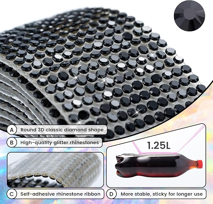 novani Self Adhesive Rhinestone Ribbon, 0.35 Inch Wide 3 Yards 1 Roll, Black Crystal Diamond Bling Strips for DIY Crafts, Home Decor, Glitter Glass Rhinestones Tape for Crafting, Car Decoration