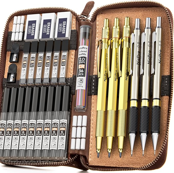 Nicpro 30PCS Art Mechanical Pencils Set in Leather Case, Gold Metal Drafting Pencil 0.5, 0.7, 0.9 mm, 2mm Lead Pencil Holder for Sketching Drawing With 16 Tube (6b 4B 2B HB 2H 4H Colors) Lead Refill