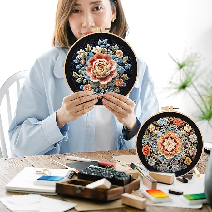 FONNUY Floral Embroidery Kit, Cross Stitch Kits for Beginners, Handmade Crafts with Printed Patterns for Beginner Adults, Easy to Follow Color Thread Needlework, 8'' Hoop (Wildfire of Blossoms)