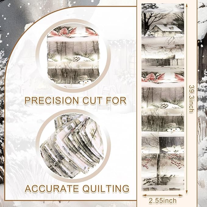 40 Pcs Neutral Christmas Quilting Fabric Roll 2.56 Inch Beige Winter Precut Fabric Square Jelly Patchwork Santa Nutcracker Snowflake Strips Material for Xmas Holiday Craft Sewing Panels DIY