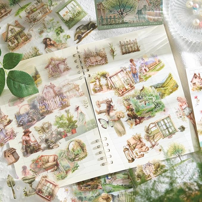 MAFELOE 20 Pages PET Scrapbook Stickers, Aesthetic Deco Supplies for Journaling Junk Bullet Diary Album Calendars-Travel Scenery Series-Green (Y3-P-SSYS)