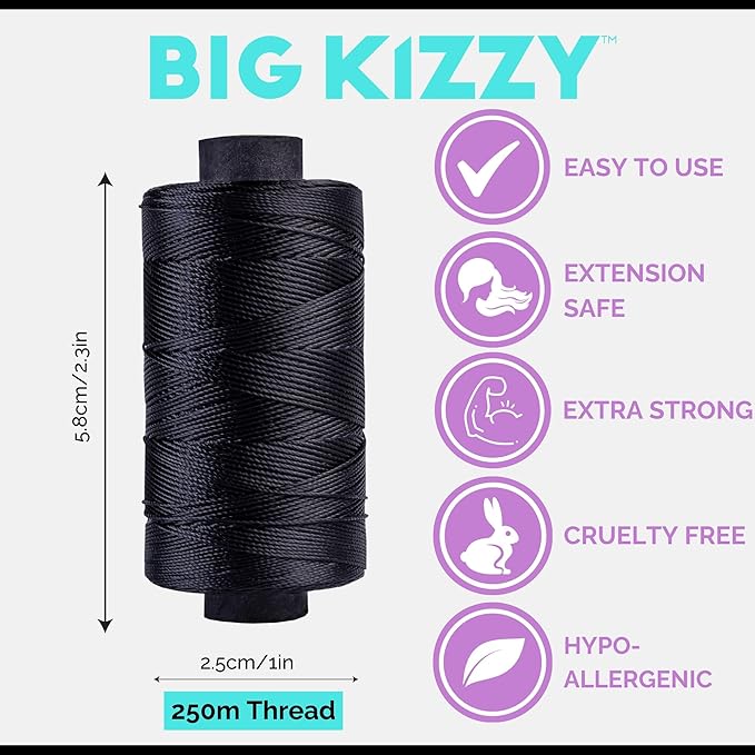 Big Kizzy Black 250m Nylon Thread for Hair Extensions, Sew in Human Hair Weft and Wigs - Non-Slip and Comfortable Hold for Hand and Machine Tied Weft