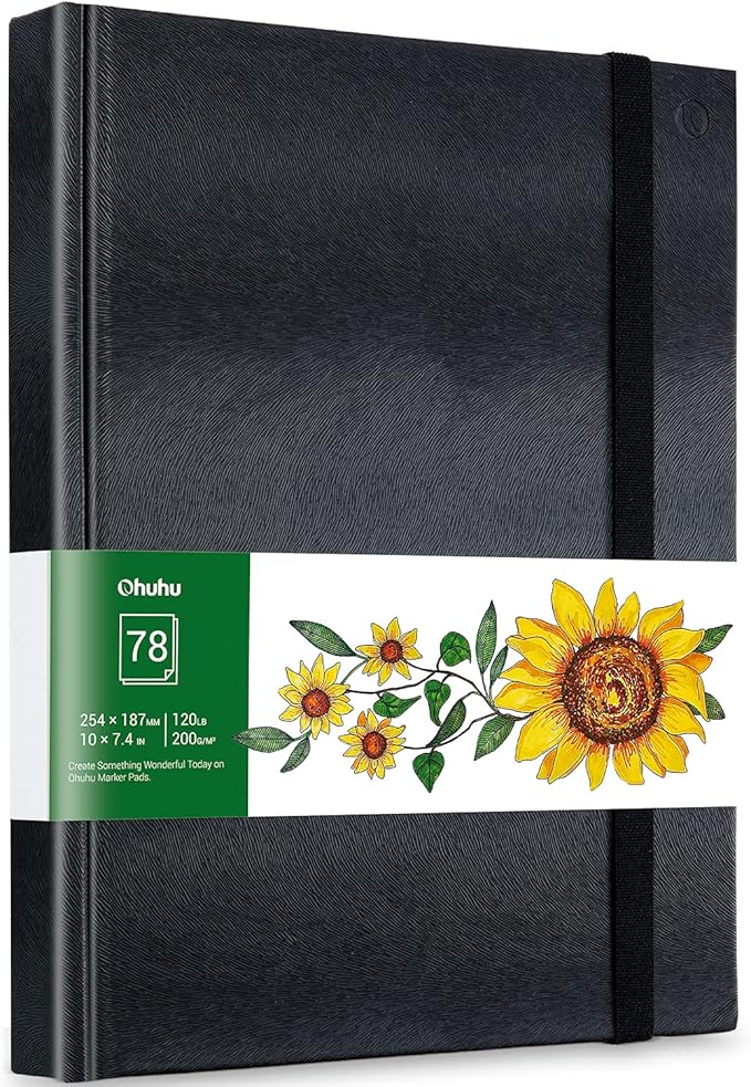 Ohuhu Marker Pads Art Sketchbook, 7.4"x10" Large Paper Size, 120 lb/200 gsm Drawing Papers, 78 Sheets/156 Pages, Hardcover Sketch Book for Alcohol Markers Christmas Gift