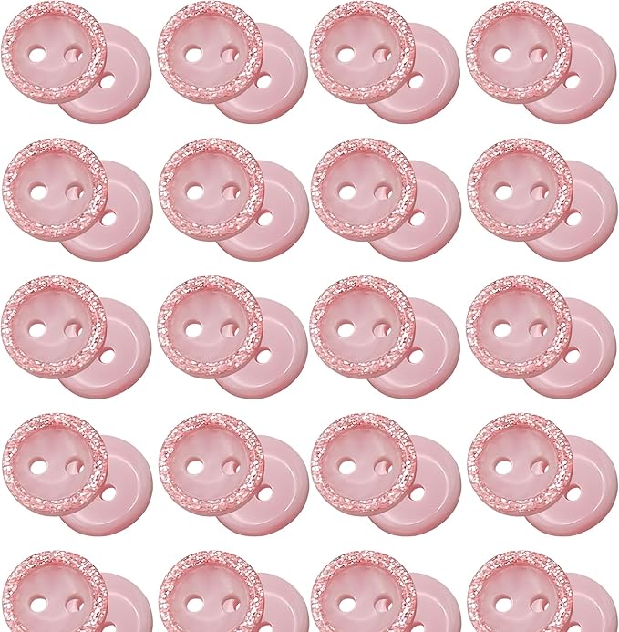 100 Pack Pink Sewing Buttons 0.35 inch 14L Glitter Round Polished 2 Hole Buttons Glossy Plastic 9mm Ideal for Sewing Blouse Skirt School Outfits Aprons Pants Jackets Accessories Bags DIY Crafts