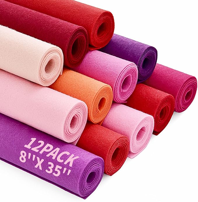 Large Stiff Felt Sheets Bundle Felt Fabric Sheets for Crafts 12 Rolls 8"x35" Soft Red Color 12 Assorted Colors Felt Pack for DIY Craft Sewing Squares Nonwoven Patchwork (Red)