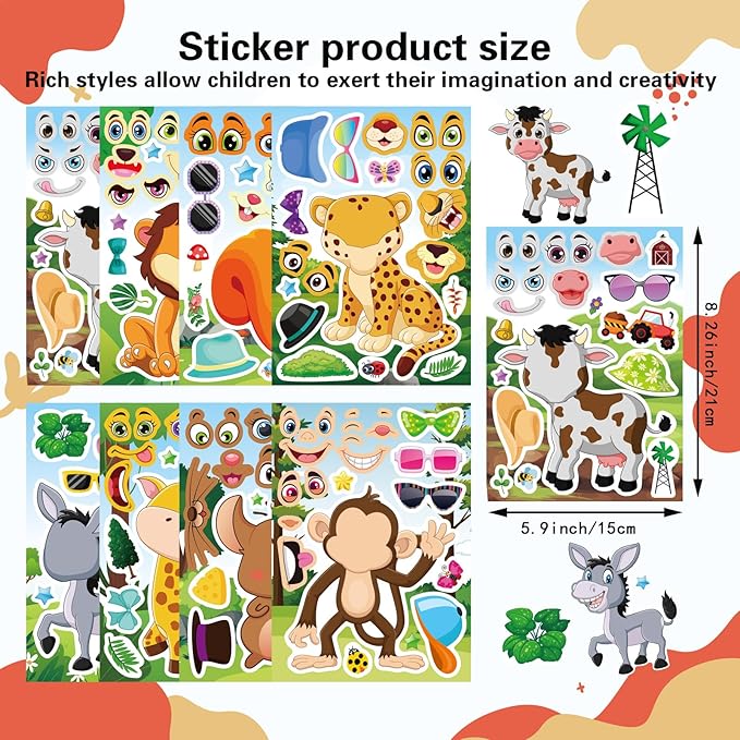 24 Sheets Animal Stickers for Kids Toddler, Jungle Animal Stickers Make-a-face Sticker Sheets Make Your Own Mix and Match Sticker for School Classroom Techer Reward Birthday Gift