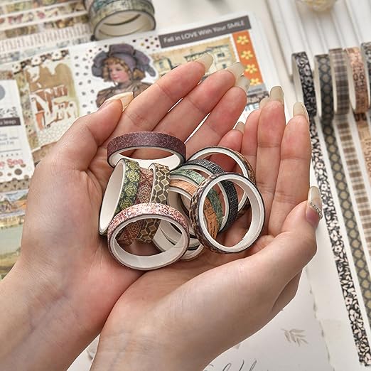 20 Rolls Skinny Vintage Washi Tape Set Retro Arts Adhesive Tapes Basic Patterns Decorative Masking Tape Sets for Craft, Kids, Scrapbook, DIY, Gift Wrapping (Ephemeral Blossoms)