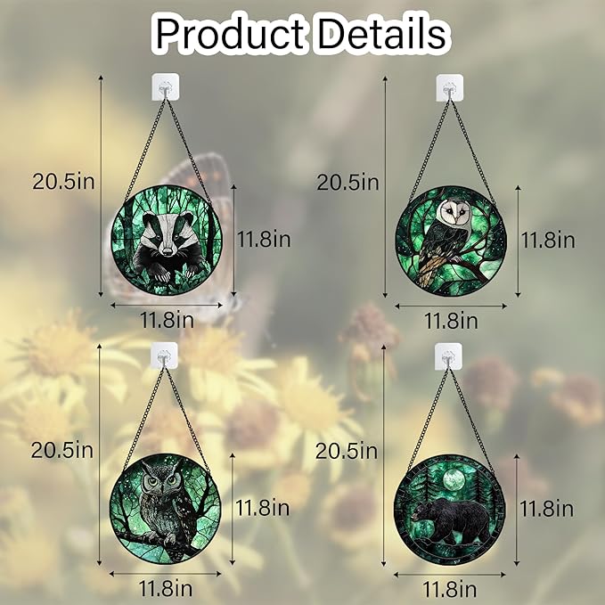 Stained Glass Window Hanging 4 Pcs Set Green Forest Night Sky Wildlife Large 11.8" - Suncatcher Door Garden Sun Catcher Decor Birthday for Mom Woman Nana Men Friend