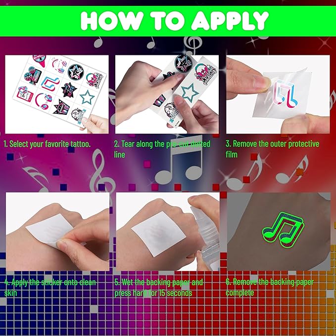 96PCS Music Note Notes Musical Pre-Cut Luminous Glow in the dark Temporary Tattoos for Kids Birthday Themed Party Supplies Decorations Favors Super Cute Instrument Stickers Tattoo Gifts for Boys Girls