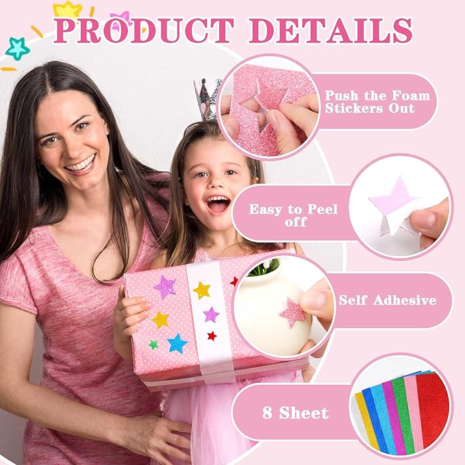 1376Pcs Foam Star Stickers,Glitter Foam Stickers Small Large Star Shape Sticker Self Adhesive,8Sheets Colorful Sticker for Kids Reward Arts Crafts Supplies Scrapbook Christmas Decor(8,Multicolor)