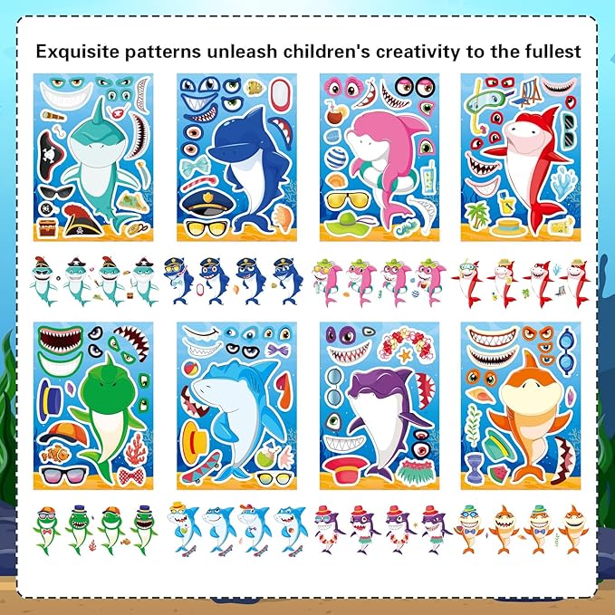 24 Sheets Make Your Own Shark Stickers for Kids Toddlers, Sea Ocean Animals Birthday Party Favors Activities