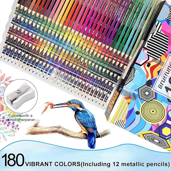 LBW 180 Colored Pencils for Adult Coloring Books, 12 Metallic Pencil, Oil Based Soft Core Professional Color Pencils for Artists Beginners, Drawing Coloring Sketching Blending