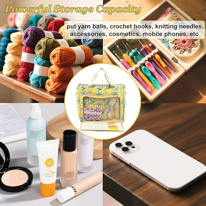 Mdoker Knitting Bags and Totes Organizers Large Crochet Bag Lightweight Yarn Bags for Travel Yarn Storage Organizers for Crochet Hooks,Yarn,Knitting & Crochet Supplies (Yellow Lemon)