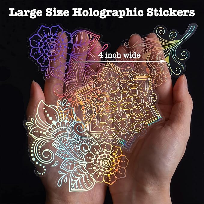 ARTSMONA 80 Pieces Large Size Holographic Stickers, Glitter Shiny Iridescent Transparent Resin Sticker Decals for Scrapbook Junk Journal Bullet Journals Planners Laptops Water Bottles Paper Crafts