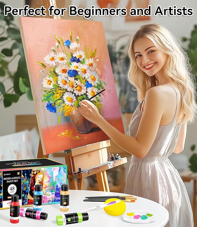 64 PCS Classic & Pastel & Metallic & Glow in the Dark Acrylic Paint Set with 12 Brushes, 2 Knives & Palette, 48 Colors Art Craft Paint for Beginners, Canvas Ceramic Rocks Wood Painting Kit Art Supplies