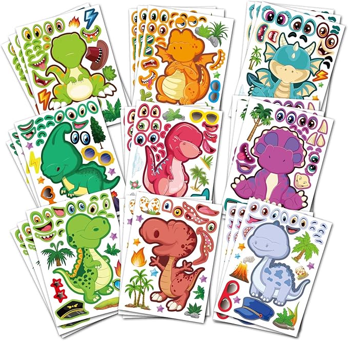 27 Sheet Dinosaur Stickers Make Your Own Dino Stickers for Kids 3+, Make-a-face Sticker Boys Girls Dinosaur Birthday Party Decorations, DIY Craft Birthday Party Favor Supplies