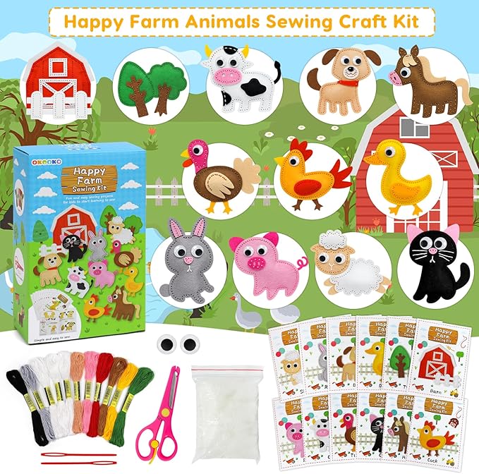 OKOOKO Animal Sewing Craft Kit, Sewing Craft Kit for Kids, DIY Crafting and Sewing Set, Art Craft Kits, Fun and Educational Craft Set, Sew Your Own Felt Animals