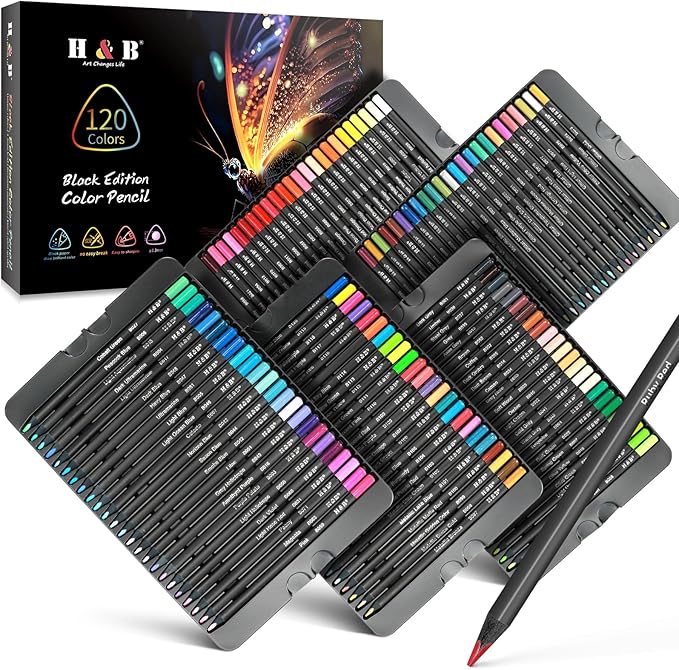 H & B 120-Color Colored Pencils Set with Metallic Colors – Soft Core, Pre-Sharpened Shading & Blending Pencils for Adults, Artists & Beginners, Packed in a Gift Metal Iron Box