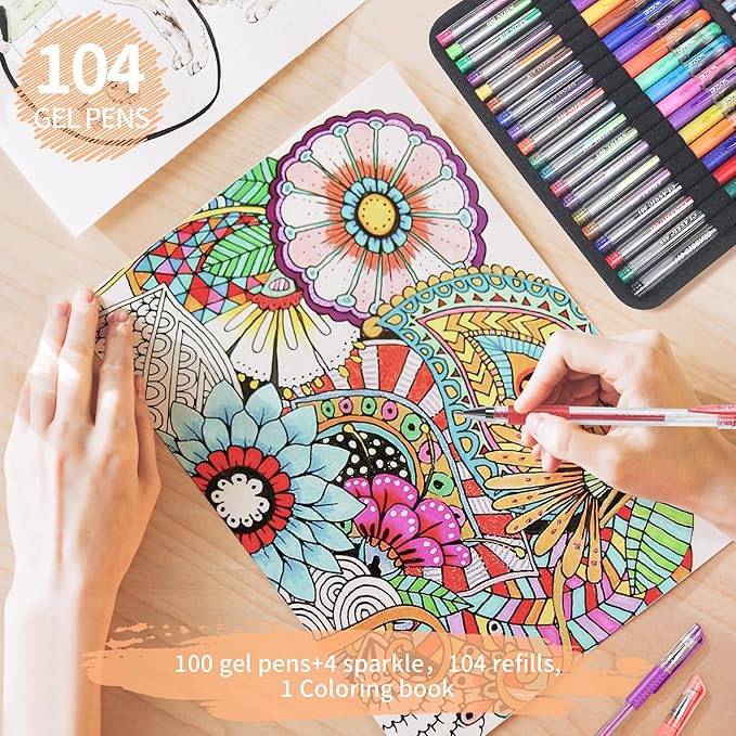 202 Pack Gel Pen For Adults Coloring Books, 104 Artist Pens Include 100 Colored Pens, 4 Metallic Sparkle Pens With 98 Refills, Fine Tip Metallic Gel Pen for Drawing Journaling Craft Art Supplies