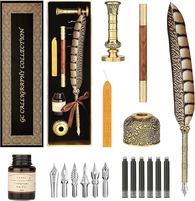 GC QUILL Calligraphy Pen Set - Feather Dip Pen,Dual Tip Calligraphy Fountain Pen, Stamp, Wax Candle, Pen Base, Ink Bottle, Ink Cartridges L1492