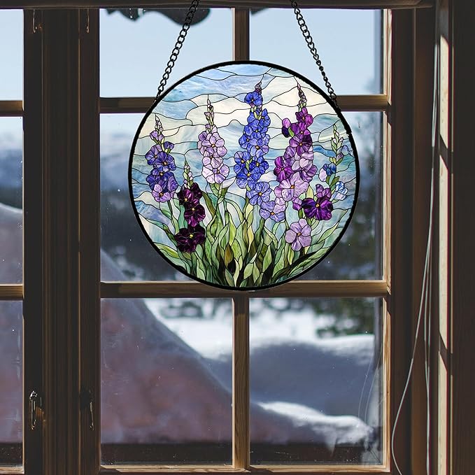 Stained Glass Window Hanging - Blue Purple Delphinium Suncatcher for Door Garden Home Decor Birth Flower Sun Catcher Birthday for Friend Lovers Women Mom Nana 11.8 in