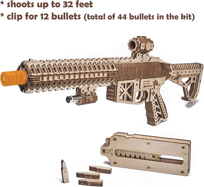 Wood Trick Gun AR-T 3D Wooden Puzzles for Adults - with Telescoping Butt, Fuse, Sight and Clip for 12 Rounds - Detailed Construction - 23x8″ - Model Kit for Adults to Build - 14+