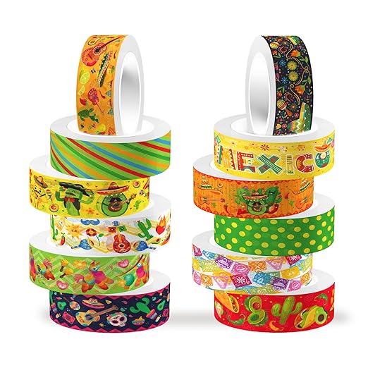 Mexican Fiesta Washi Tape 12 Rolls Mexican Fiesta Washi Tape Masking Decorative Cinco De Mayo Washi Tape for DIY Craft Gift Wrapping Handbook Sticker Scrapbook Journaling Party Favor