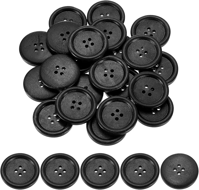uxcell 50Pcs Wooden Buttons, 30mm(1 3/16") 4 Hole Round Wood Sewing Button Craft Flatback for Sewing DIY Craft Clothing, Black