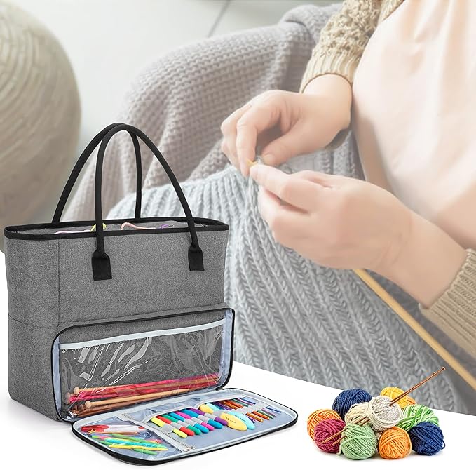 Yarwo Knitting Crochet Bag, Yarn Storage Tote Bag for WIP Projects, Yarn Skeins, Crochet Hooks and Knitting needles, Christmas & New Beginnings Gifts for Women, Gray (Bag Only, Patent Pending)