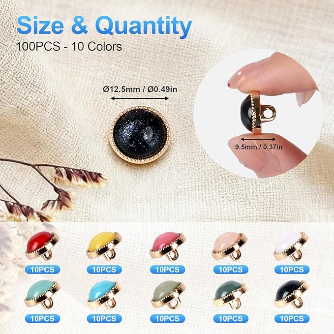 12.5mm 100Pcs Metal Shank Pearl Buttons, Resin Top with Alloy Base Sewing Buttons, Vintage Colored Half Round Decorative Craft Buttons for Clothes, Bags, DIY Projects