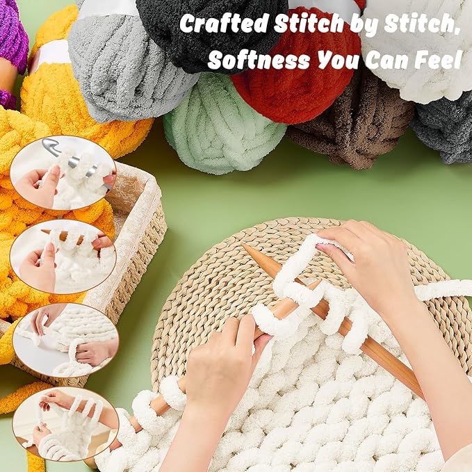 inhand 18 Pack Chunky Chenille Yarn for Crocheting– 30.6 Yards, 7.7oz, Super Bulky, Soft Fluffy Plush Yarn for Hand or Arm Knitting– Ideal for Blankets, Crafts & DIY Projects (Cream White)