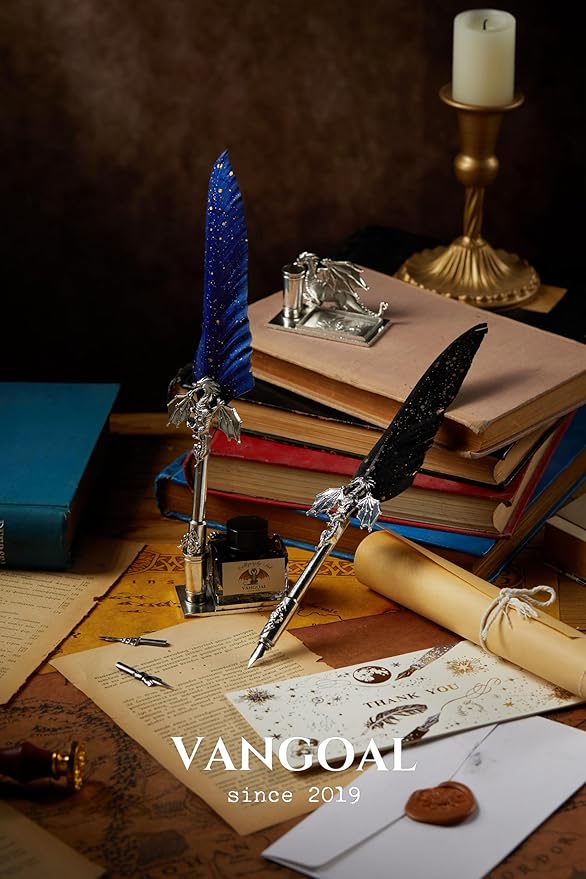 VANGOAL Dragon Quill Pen and Ink Set, Vintage Dragon Feather Dip Pen Calligraphy Gift Set for Writing, Drawing, Desktop Decoration (Black)