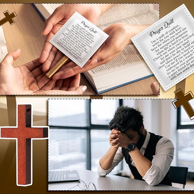 Pocket Prayer Quilt Panel Squares with Small Wooden Crosses Mini Scripture Pocket Prayer Quilt for Friend Family Religious Spiritual Gift Easter Reward Gift(Retro,Burlywood)