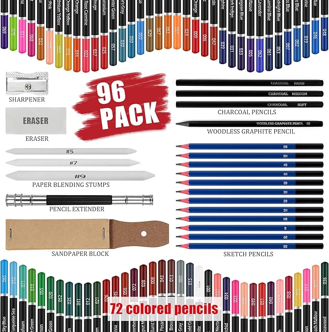 96pcs Colored Drawing Pencils Kit Sketching, Graphite Pencils With Convenient Case, Ideal School Art Supplies Gift for Artists Adults Teens Beginner, Ideal for Shading, Blending,Art Supplies Set,