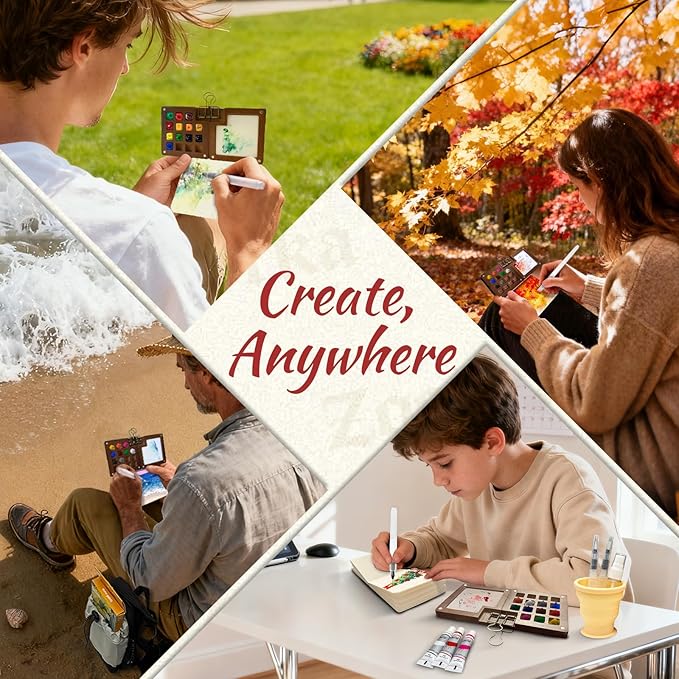 Zoorka Mini Watercolor Paint Set, Pocket Watercolor Set with 15-Well Walnut Wood Palette, Paints, Crossbody Bag, 100% Cotton Sketchbook, Paint Water Cup, Water Brush Ideal for Artists & Beginners