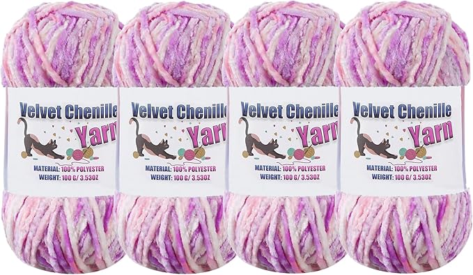 4 * 100g Fluffy Velvet Chenille Yarn for Crocheting and Knitting, Handcrafts Weaving Soft Chenille Yarn for Crocheting Clearance, Used for Making Baby Yarn Blanket, Clothes, DIY Craft (Pastel Purple)