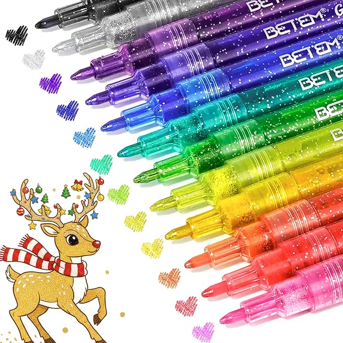 Betem Glitter Markers Pen, 12 Colors Sparkly and Shiny Metallic Markers Fine Tip Water-based Ink Glitter Pens For Scrapbooking Supplies, Glass, Mugs, Rock Painting, Cards, Christmas Gifts for Teens