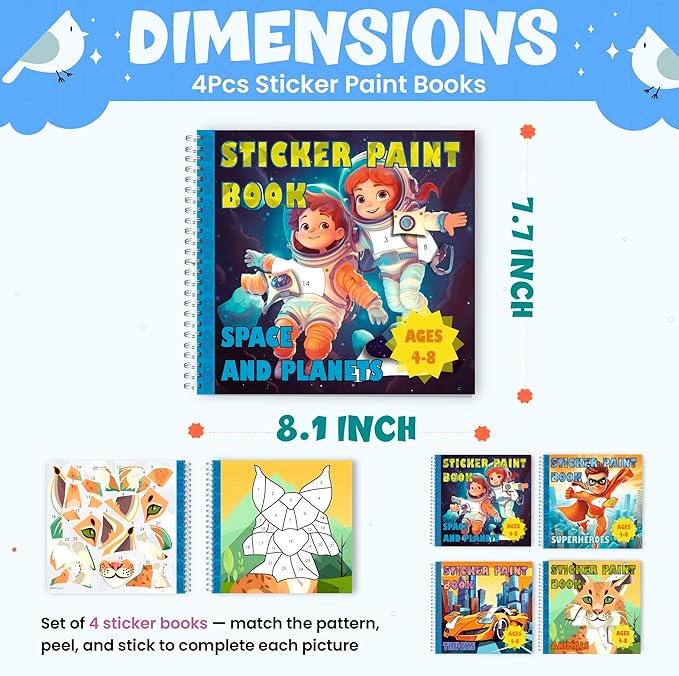 BulbaCraft 4Pcs Sticker Paint Books - Sticker Books by Number with Superheroes, Trucks, Animals and Space - Coloring Activity