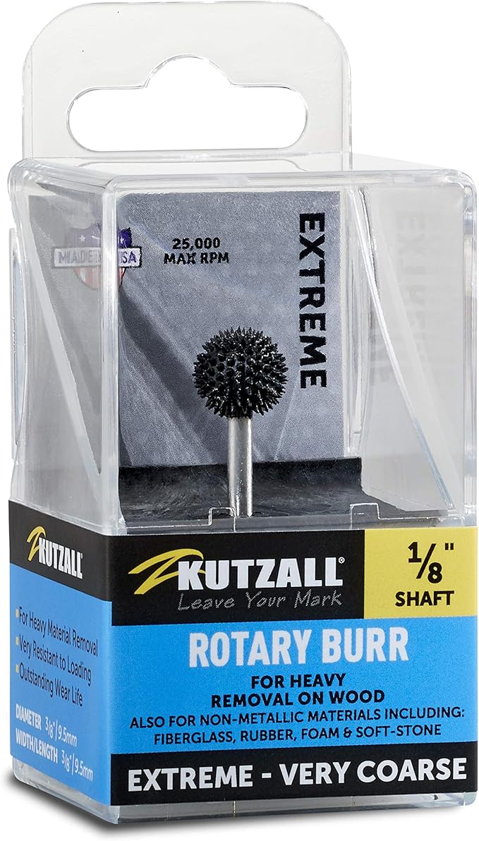 Kutzall Extreme Sphere Rotary Burr, 1⁄8" Shaft, Very Coarse - Wood Carving Bit for Dremel, Foredom, DeWalt, Milwaukee Tools. Abrasive Tungsten Carbide, 3⁄8" (9.5mm) Head Diameter, SX-38-EC
