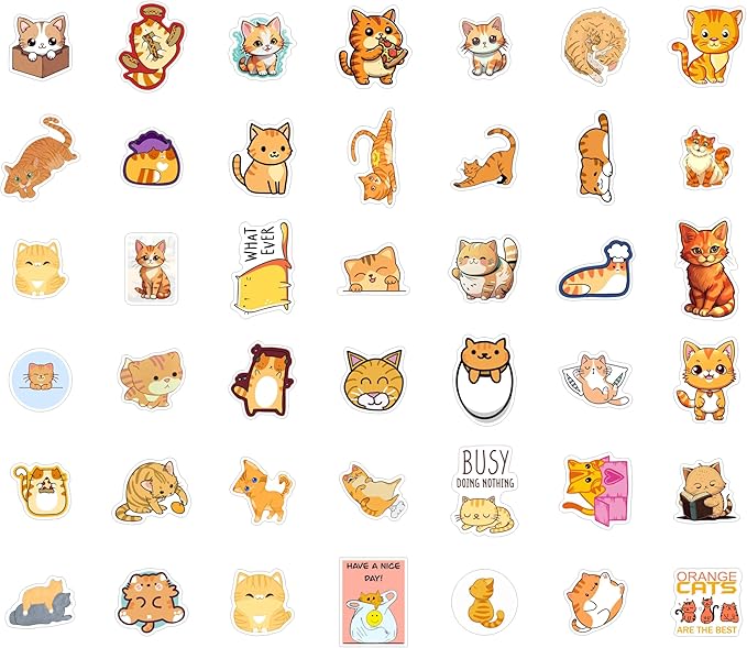 BulbaCraft Orange Cat Stickers for Water Bottle and Laptop - Orange Cat Party Supplies & Decorations, Waterproof Vinyl Decals, Cute Animal and Pet Stickers, Gifts for Women & Men