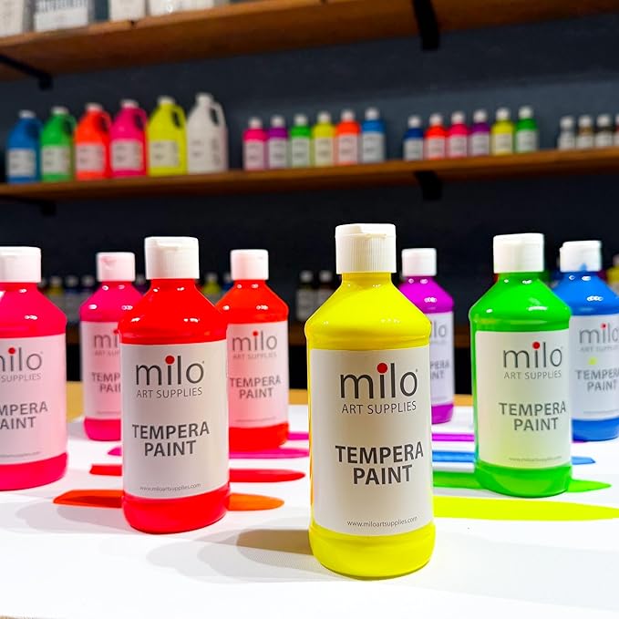 milo Fluorescent Neon Washable Paint | 8 oz Bottles 8 Colors | Made in the USA | Glows UV in Black Light | Safe & Non-Toxic Tempera Paint for Art & Craft, Poster, Window, Classroom, School