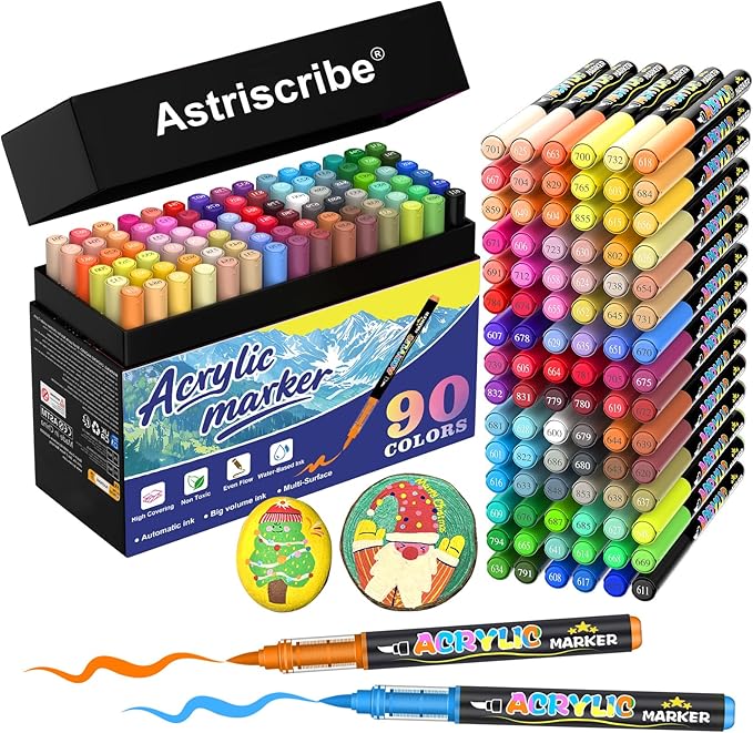 CaliMarker 90 Colors Acrylic Paint Pens Set – Water-Based Paint Markers with Brush Tip (1–5 mm), Quick-Dry and Non-Toxic, Automatic Ink Control for Rock, Wood, Glass, Metal, and Fabric