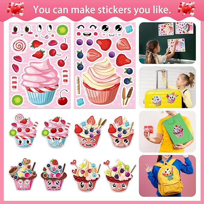 24 Sheets Make-a-face Cupcake Stickers Make Your Own Dessert Stickers Mix and Match Sweets and Fruit Treats Party Favor Supplies for Kids Ice Cream Sticker Games Birthday DIY Art Crafts