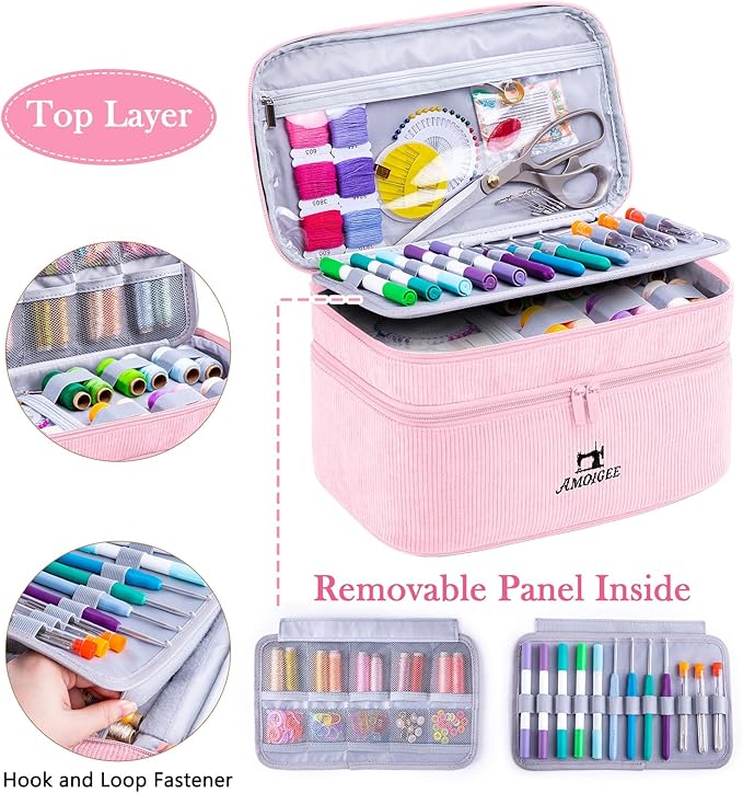 AMOIGEE Double-Layer Sewing Accessories Organizer with Pin Cushion – Large Sewing Storage Bag for Thread, Notions & Tools – Portable Travel Sewing Tote for Quilting, Embroidery & Crafts Gift (BagOnly)
