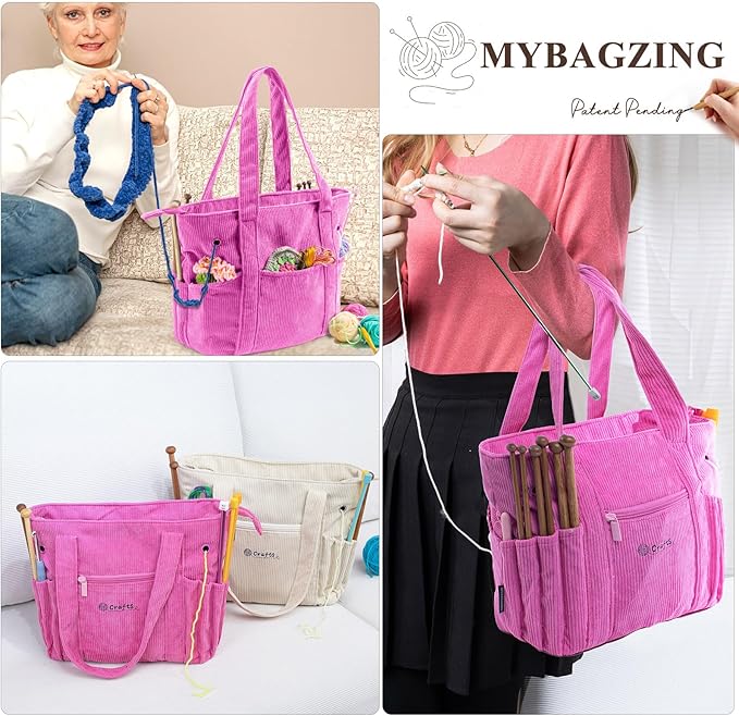 Crochet Bag and Tote - Corduroy Yarn Bag - Yarn Holder for Crocheting - Crochet Storage Bag for Crochet Hooks, Crochet Accessories, Knitting Bag for Crochet Lovers, Mother's Day Gift