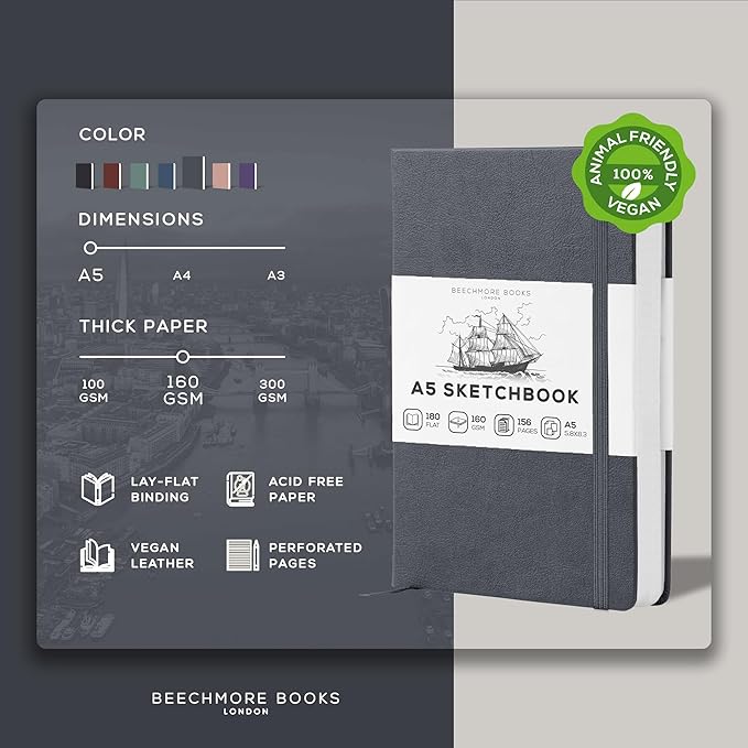 Beechmore Books A5 Sketchbook – 5.8x8.3 Premium Vegan Leather Bound Large Sketch Book Hardcover with 156 Thick 160gsm Perforated Ivory Pages, Blank Sketch Pad, Gift Boxed Back Pocket, Ribbon Bookmark
